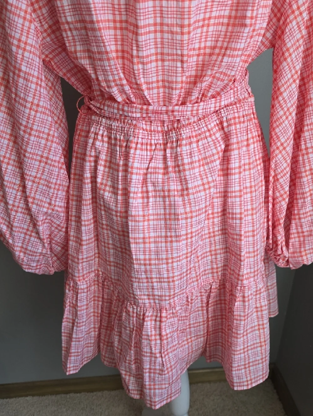 Michael Kors Coral Pink Plaid V-Neck Tie-Waist Mini Dress Size Large NWOT
